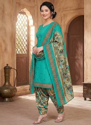 Teal printed cotton blend stitched floral print salwar kurta dupatta for women 2