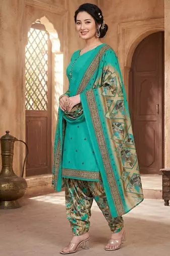 Teal printed cotton blend stitched floral print salwar kurta dupatta for women