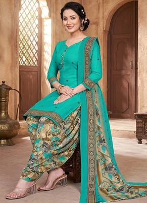 Teal printed cotton blend stitched floral print salwar kurta dupatta for women 3
