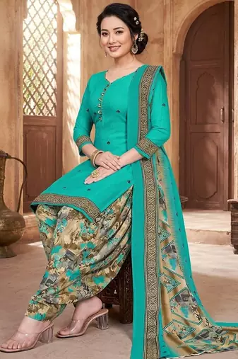 Teal printed cotton blend stitched floral print salwar kurta dupatta for women