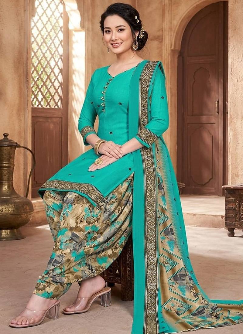 Teal printed cotton blend stitched floral print salwar kurta dupatta for women