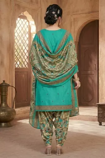 Teal printed cotton blend stitched floral print salwar kurta dupatta for women