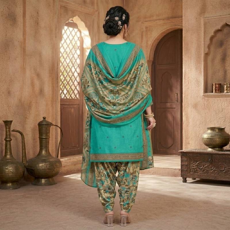 Teal printed cotton blend stitched floral print salwar kurta dupatta for women