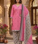 Pink printed cotton blend stitched floral print salwar kurta dupatta for women
