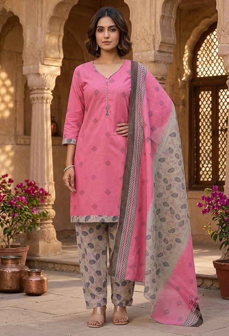 Pink printed cotton blend stitched floral print salwar kurta dupatta for women