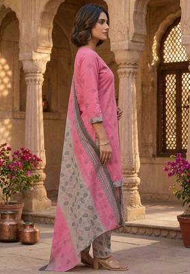 Pink printed cotton blend stitched floral print salwar kurta dupatta for women 2