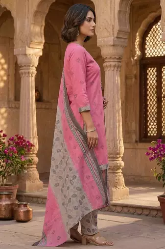 Pink printed cotton blend stitched floral print salwar kurta dupatta for women