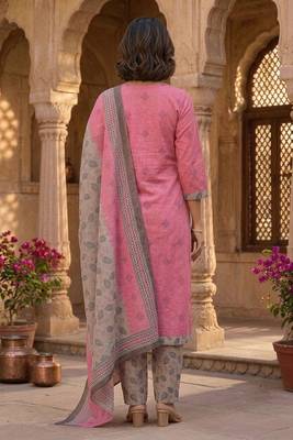 Pink printed cotton blend stitched floral print salwar kurta dupatta for women 3