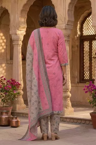 Pink printed cotton blend stitched floral print salwar kurta dupatta for women
