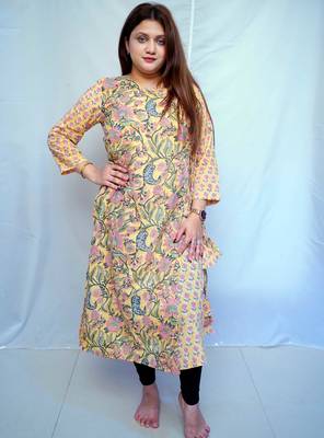 Yellow Bagru Handblock Printed  Cotton Angrakha Kurti 1