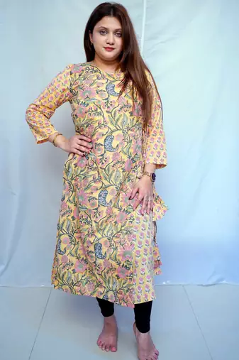 Yellow Bagru Handblock Printed  Cotton Angrakha Kurti