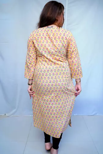 Yellow Bagru Handblock Printed  Cotton Angrakha Kurti