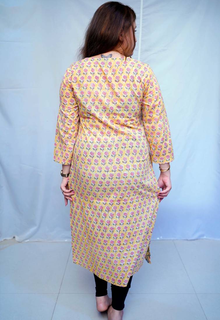 Yellow Bagru Handblock Printed  Cotton Angrakha Kurti