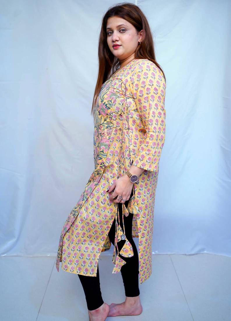 Yellow Bagru Handblock Printed  Cotton Angrakha Kurti