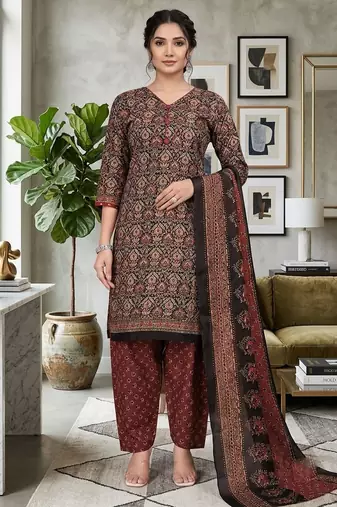 Brown printed cotton blend stitched ethnic motifs print salwar kurta dupatta for women
