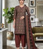 Brown printed cotton blend stitched ethnic motifs print salwar kurta dupatta for women