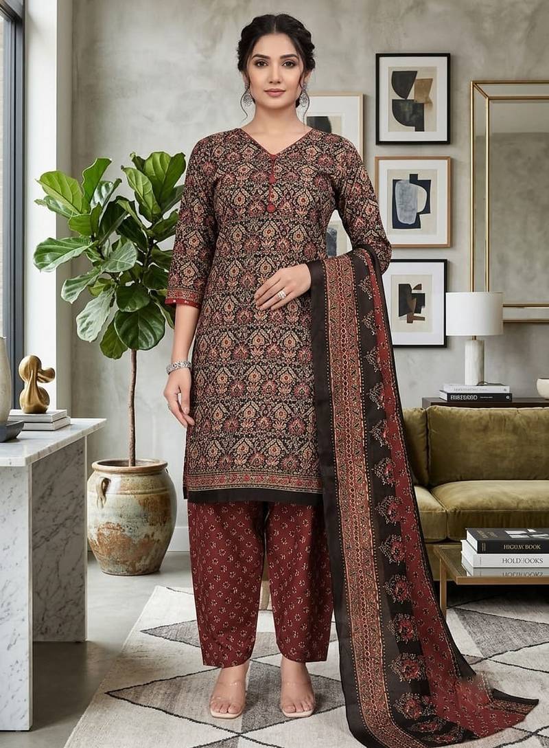 Brown printed cotton blend stitched ethnic motifs print salwar kurta dupatta for women