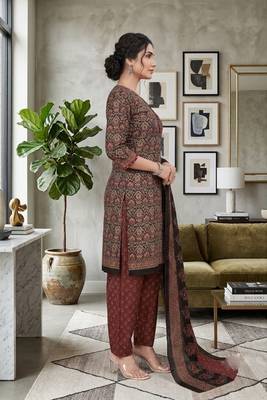 Brown printed cotton blend stitched ethnic motifs print salwar kurta dupatta for women 2