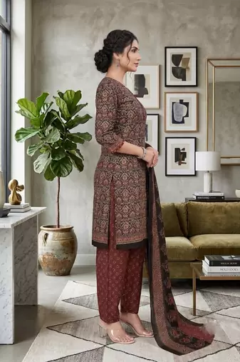 Brown printed cotton blend stitched ethnic motifs print salwar kurta dupatta for women