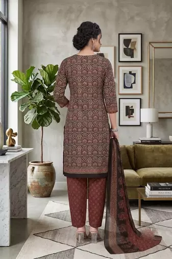 Brown printed cotton blend stitched ethnic motifs print salwar kurta dupatta for women