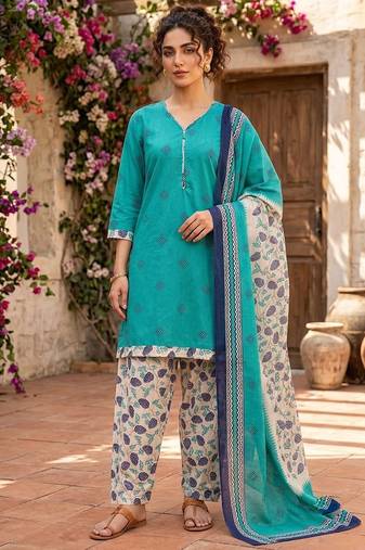 Teal printed cotton blend stitched floral print salwar kurta dupatta for women