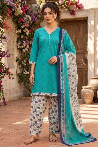 Teal printed cotton blend stitched floral print salwar kurta dupatta for women