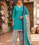 Teal printed cotton blend stitched floral print salwar kurta dupatta for women