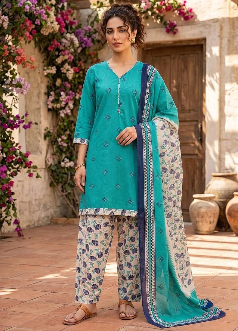 Teal printed cotton blend stitched floral print salwar kurta dupatta for women