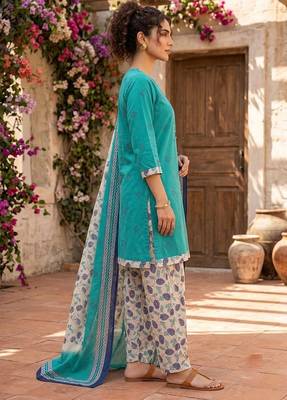 Teal printed cotton blend stitched floral print salwar kurta dupatta for women 2