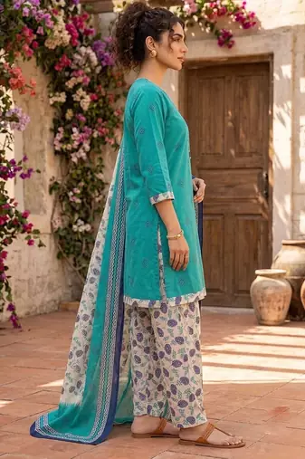 Teal printed cotton blend stitched floral print salwar kurta dupatta for women