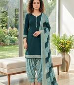 Teal printed cotton blend stitched floral print salwar kurta dupatta for women