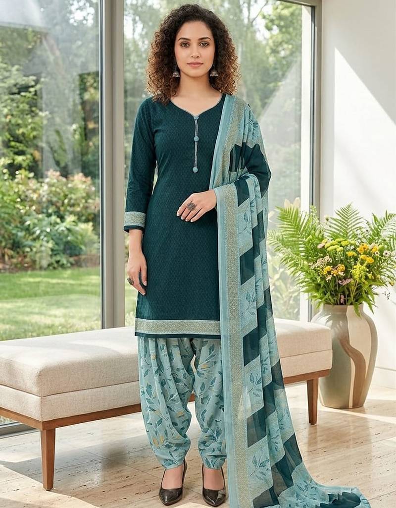 Teal printed cotton blend stitched floral print salwar kurta dupatta for women
