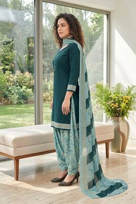 Teal printed cotton blend stitched floral print salwar kurta dupatta for women 2