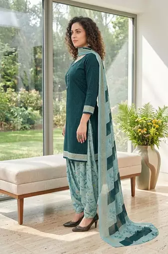 Teal printed cotton blend stitched floral print salwar kurta dupatta for women