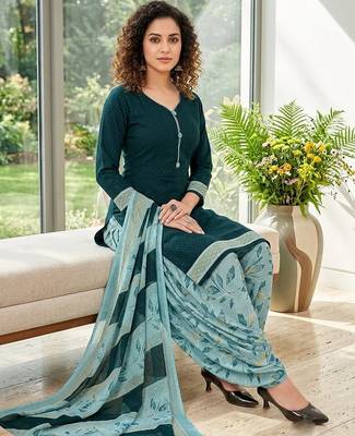 Teal printed cotton blend stitched floral print salwar kurta dupatta for women 3