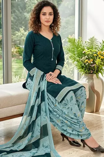 Teal printed cotton blend stitched floral print salwar kurta dupatta for women