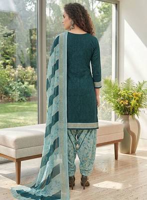 Teal printed cotton blend stitched floral print salwar kurta dupatta for women 4