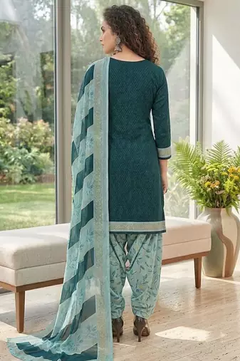 Teal printed cotton blend stitched floral print salwar kurta dupatta for women