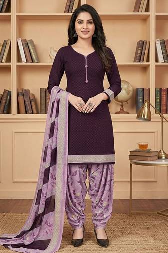 Purple printed cotton blend stitched floral print salwar kurta dupatta for women