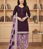 Purple printed cotton blend stitched floral print salwar kurta dupatta for women