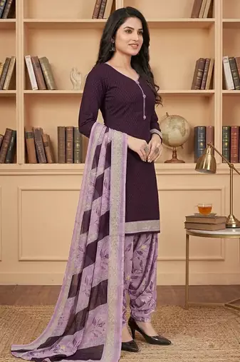 Purple printed cotton blend stitched floral print salwar kurta dupatta for women