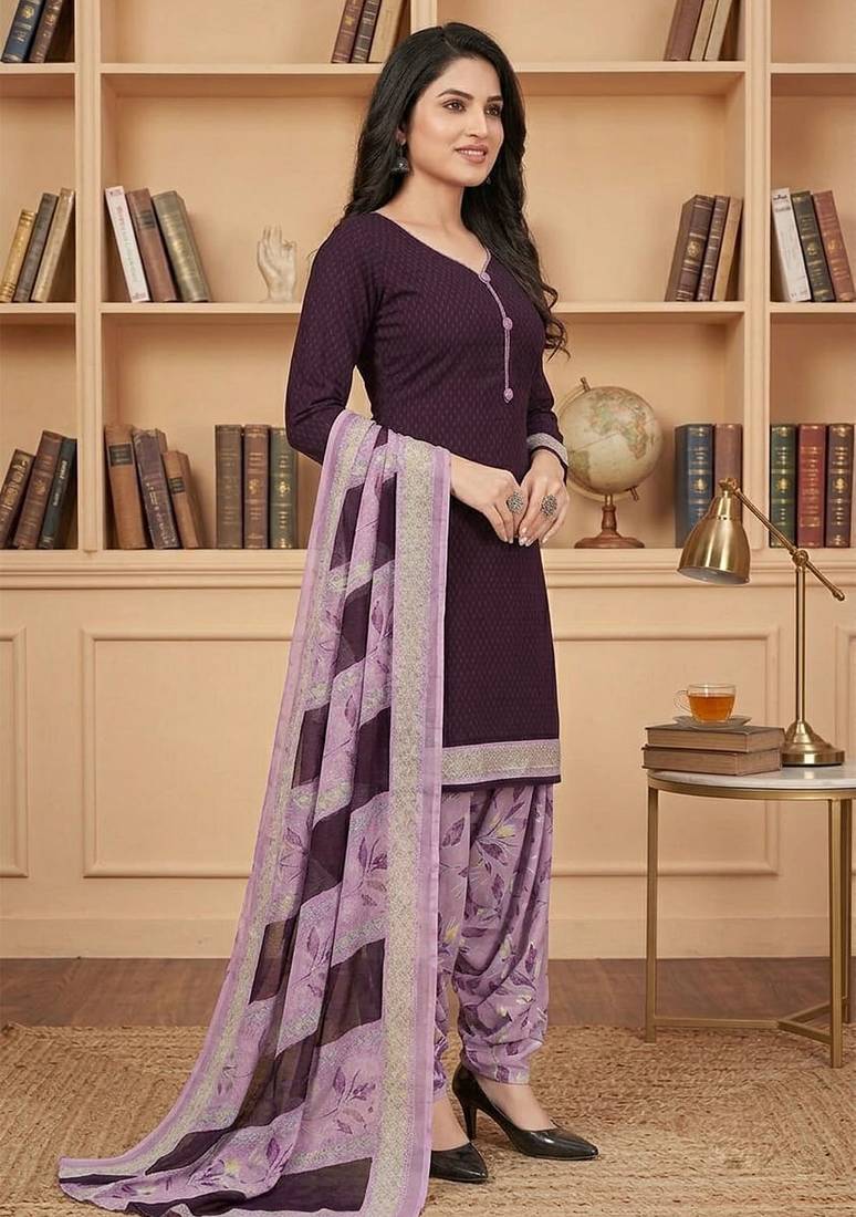 Purple printed cotton blend stitched floral print salwar kurta dupatta for women