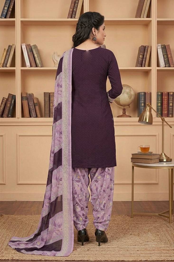 Purple printed cotton blend stitched floral print salwar kurta dupatta for women