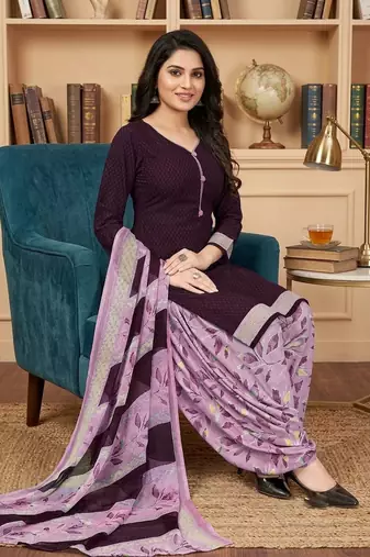 Purple printed cotton blend stitched floral print salwar kurta dupatta for women