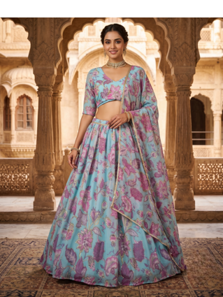 Sky Blue Floral Embroidered Lehenga Choli with Dupatta 1