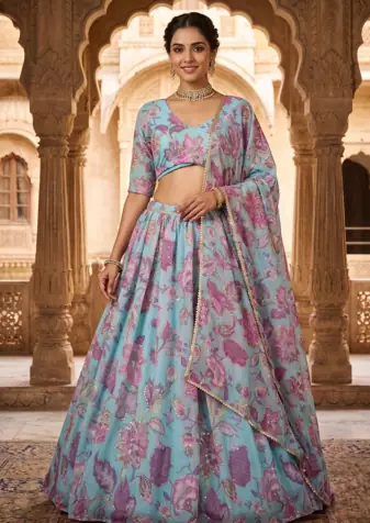 Sky Blue Floral Embroidered Lehenga Choli with Dupatta