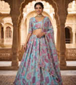 Sky Blue Floral Embroidered Lehenga Choli with Dupatta