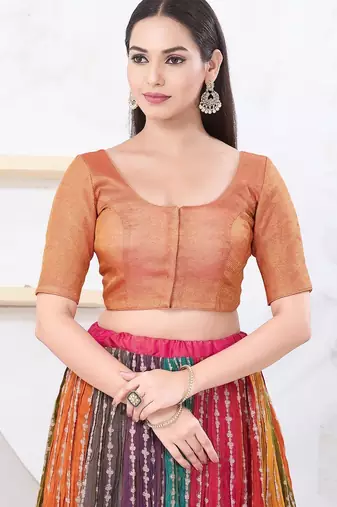 Women's tissue padded front open elbow sleeves saree blouse