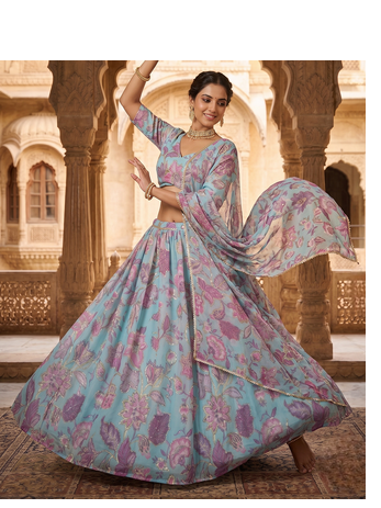 Sky Blue Floral Embroidered Lehenga Choli with Dupatta 2