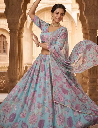 Sky Blue Floral Embroidered Lehenga Choli with Dupatta